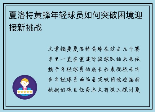 夏洛特黄蜂年轻球员如何突破困境迎接新挑战